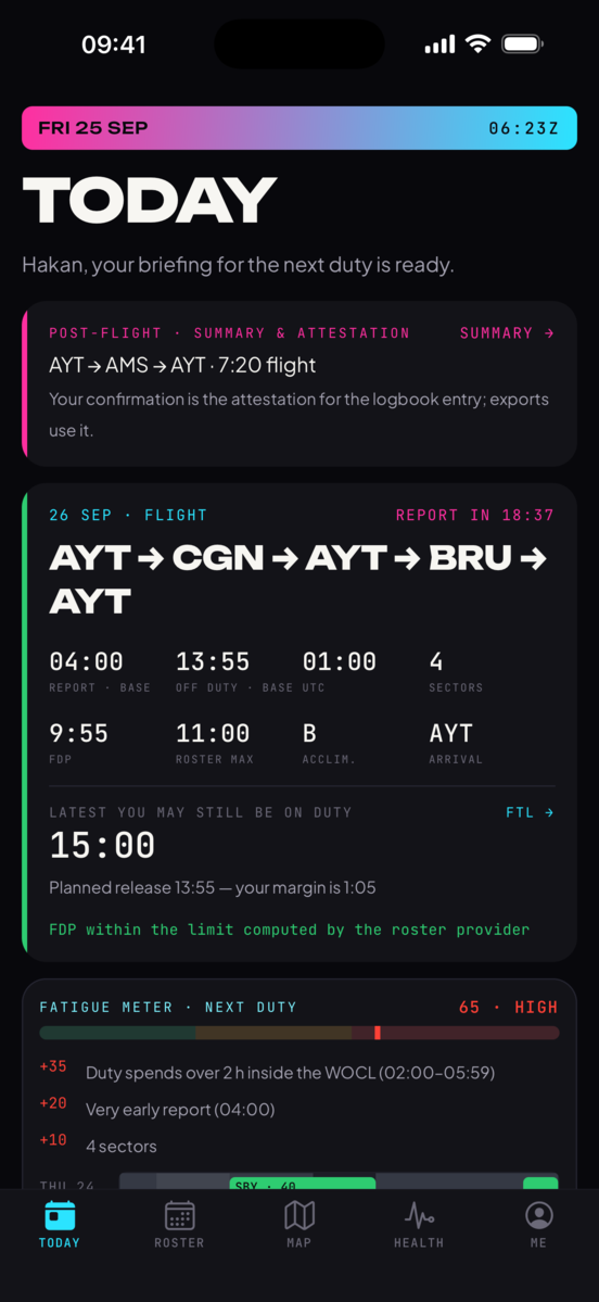 Crewops today screen with duty limits and fatigue meter