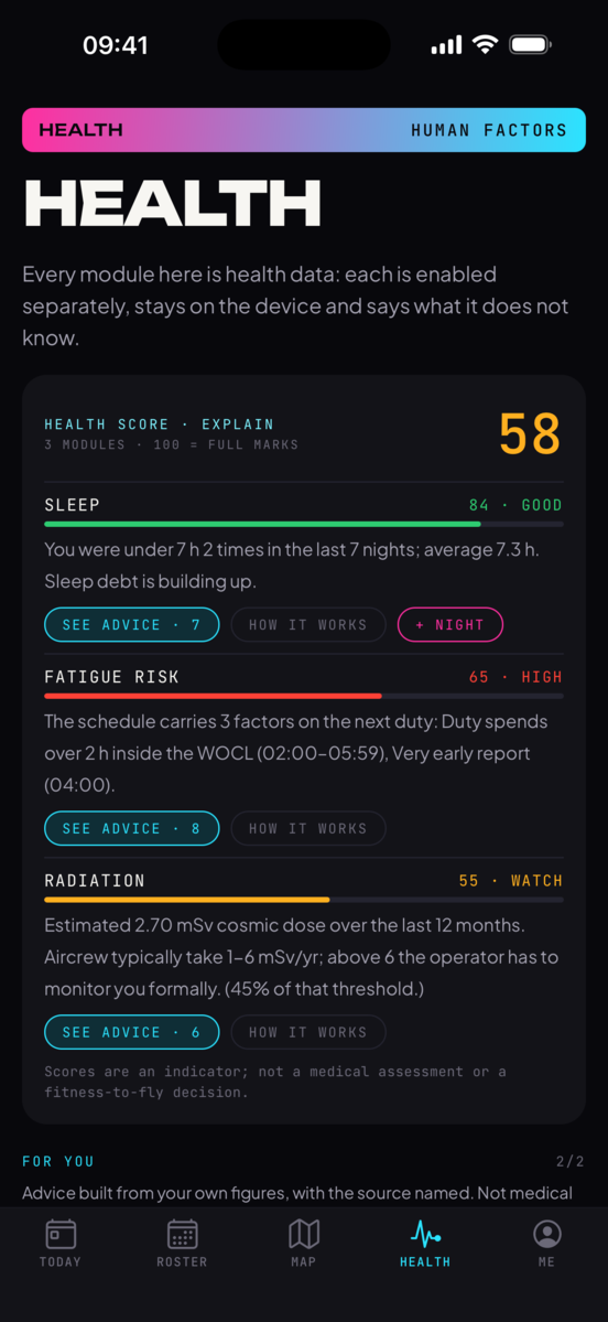 The Health screen: sleep, fatigue, radiation and body clock scores with coaching cards
